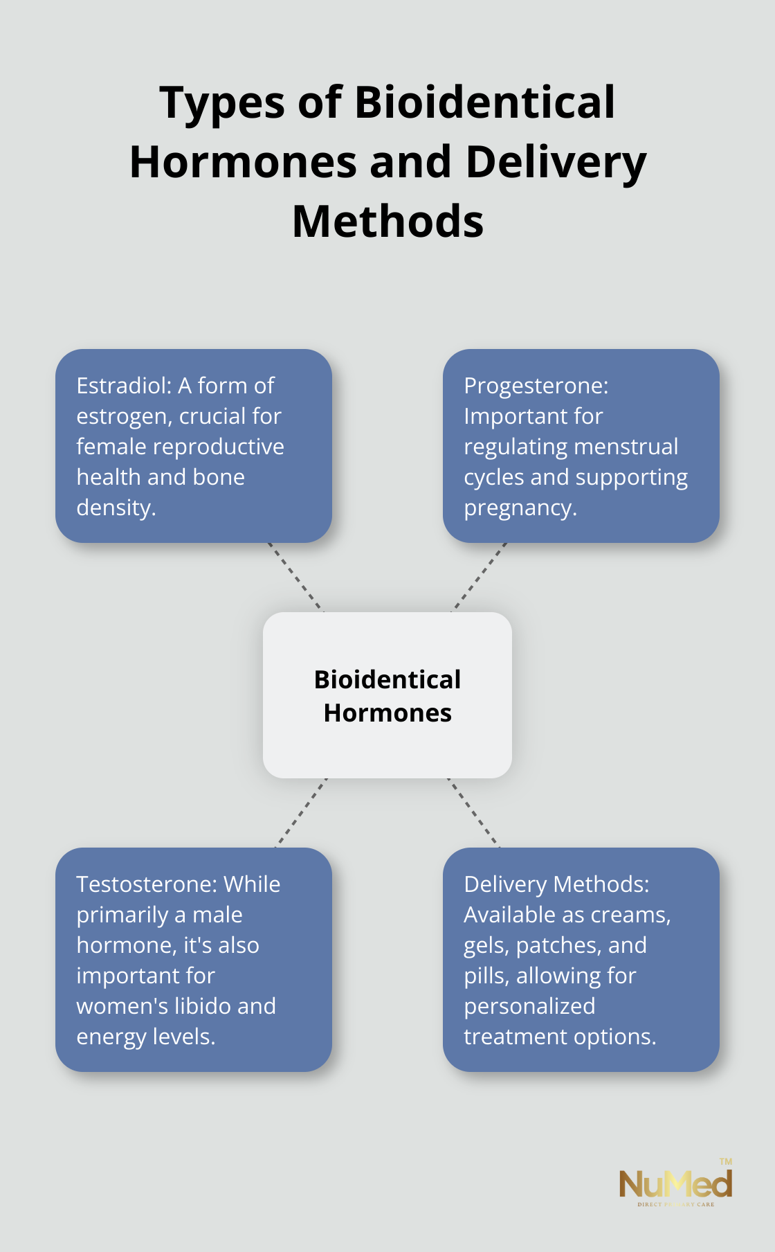 Hub and spoke chart showing three types of bioidentical hormones (Estradiol, Progesterone, Testosterone) and four delivery methods (Creams, Gels, Patches, Pills) - bioidentical hormones pros and cons