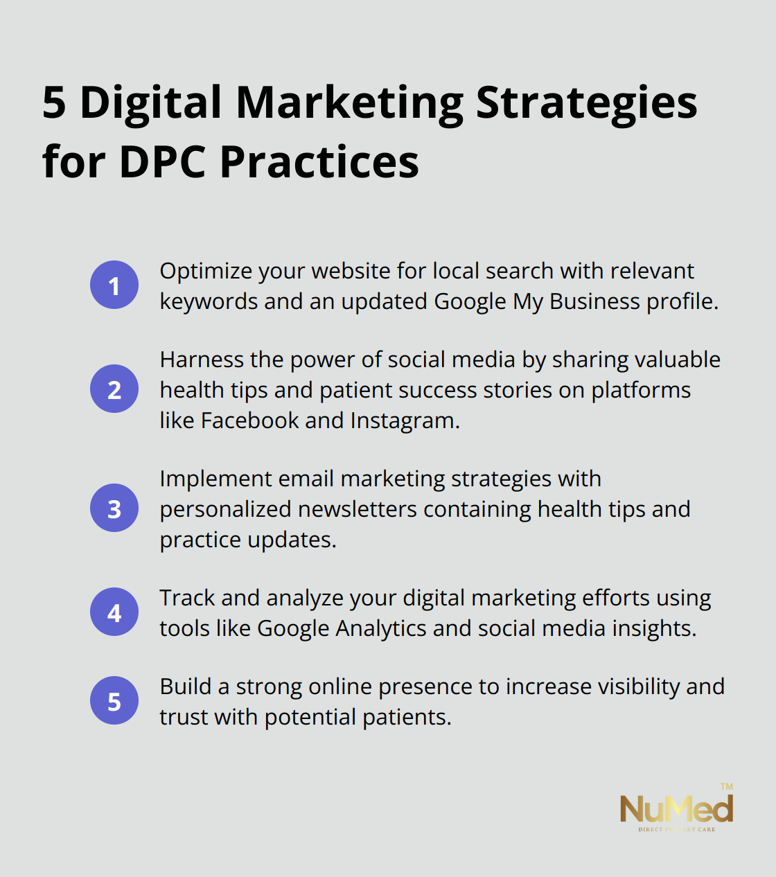 An ordered list chart showing five digital marketing strategies for Direct Primary Care practices: Optimize website for local search, Harness social media power, Implement email marketing, Track and analyze efforts, and Build a strong online presence. - direct primary care marketing