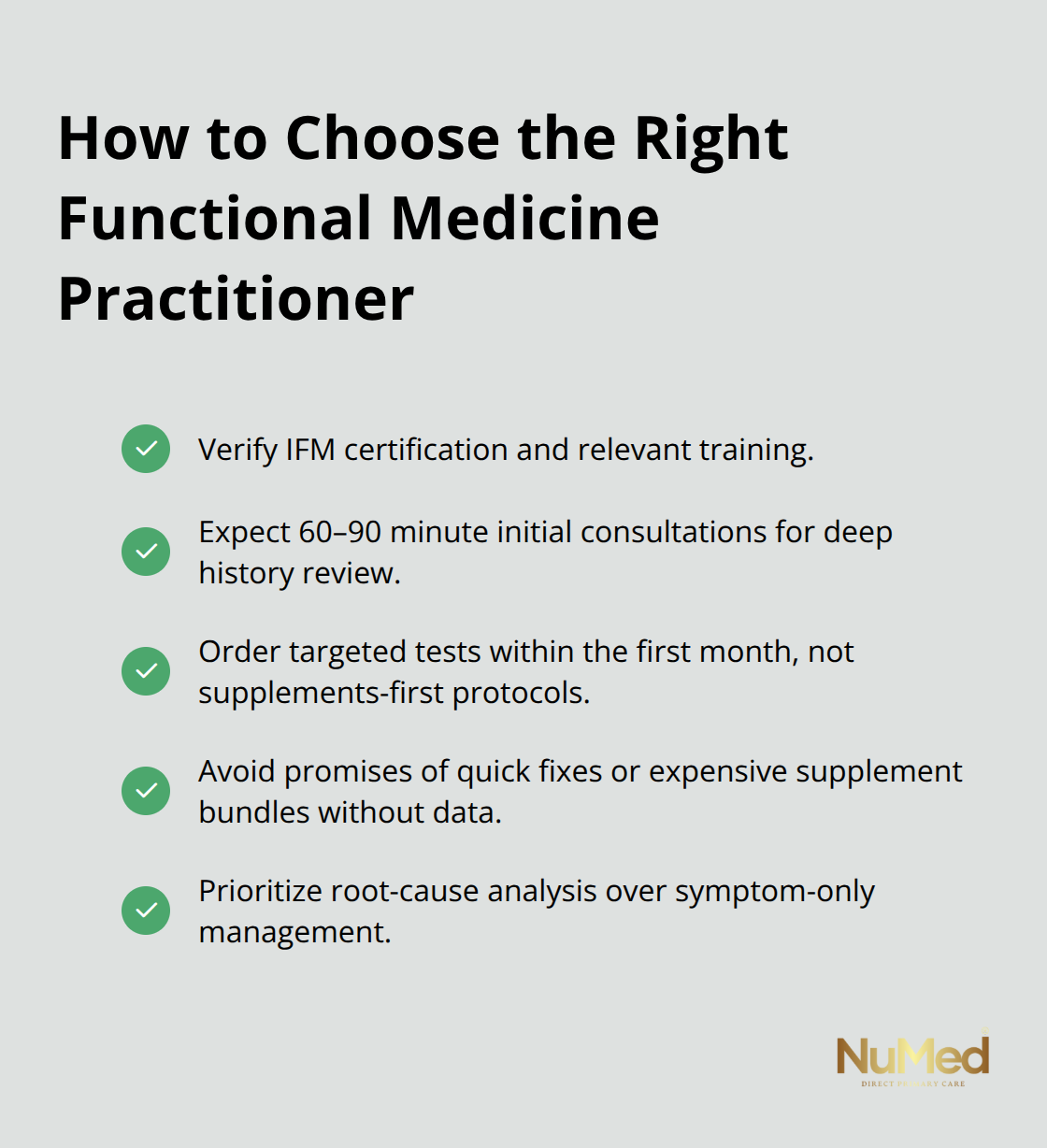 Checklist of criteria for selecting a functional medicine practitioner in the United States.