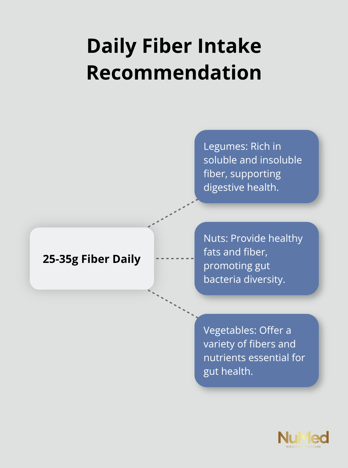 Hub and spoke chart showing recommended daily fiber intake of 25-35 grams and its sources