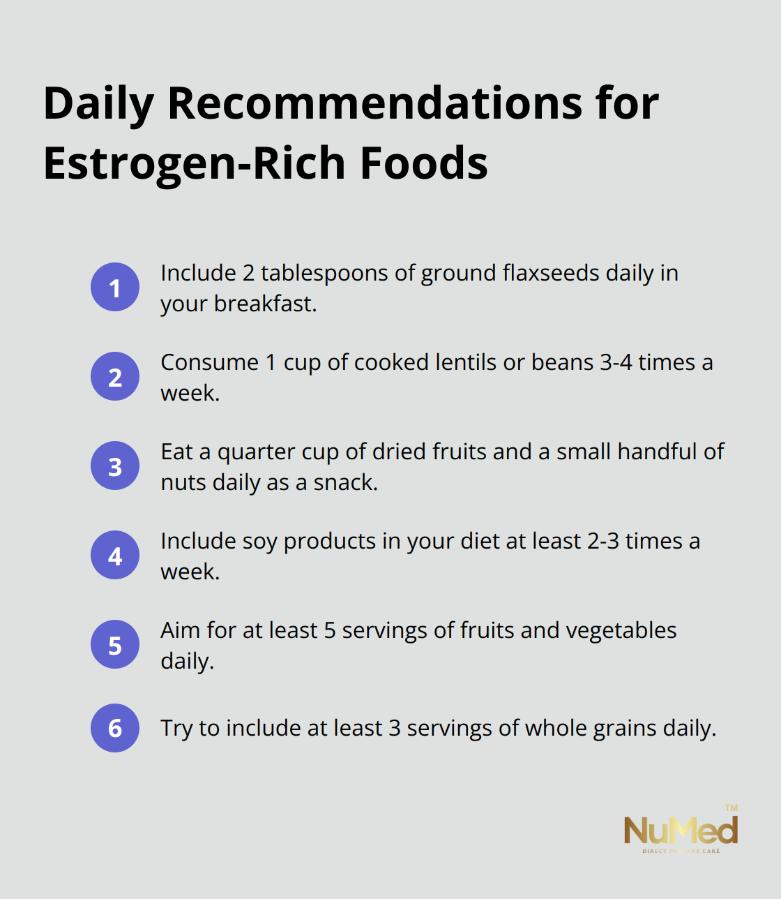Ordered list of daily recommendations for incorporating estrogen-rich foods into your diet. - high estrogen foods