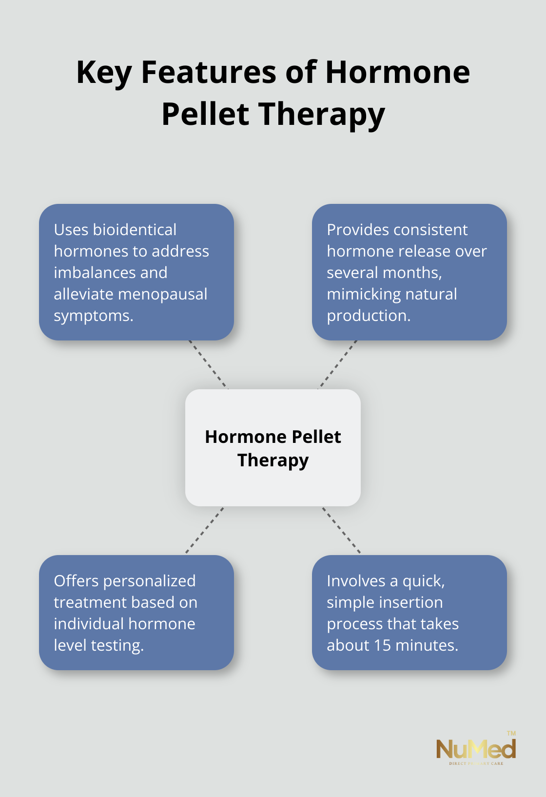 Hub and spoke chart showing the main features of hormone pellet therapy: bioidentical hormones, consistent release, personalized treatment, and simple insertion process. - hormone pellet therapy for woman