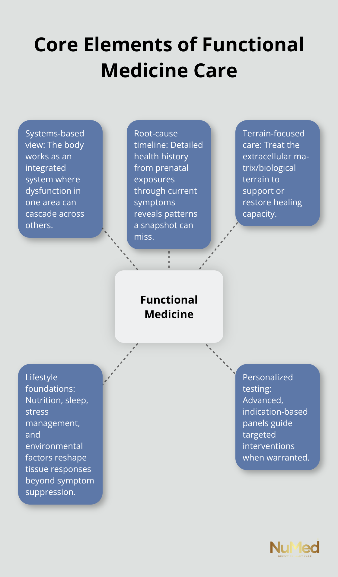 Hub-and-spoke diagram showing the core elements of a functional medicine approach in the United States.