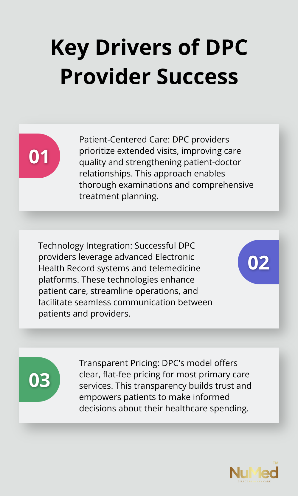 Ordered list chart presenting three main factors contributing to the success of Direct Primary Care providers: patient-centered care, technology integration, and transparent pricing. - largest direct primary care providers