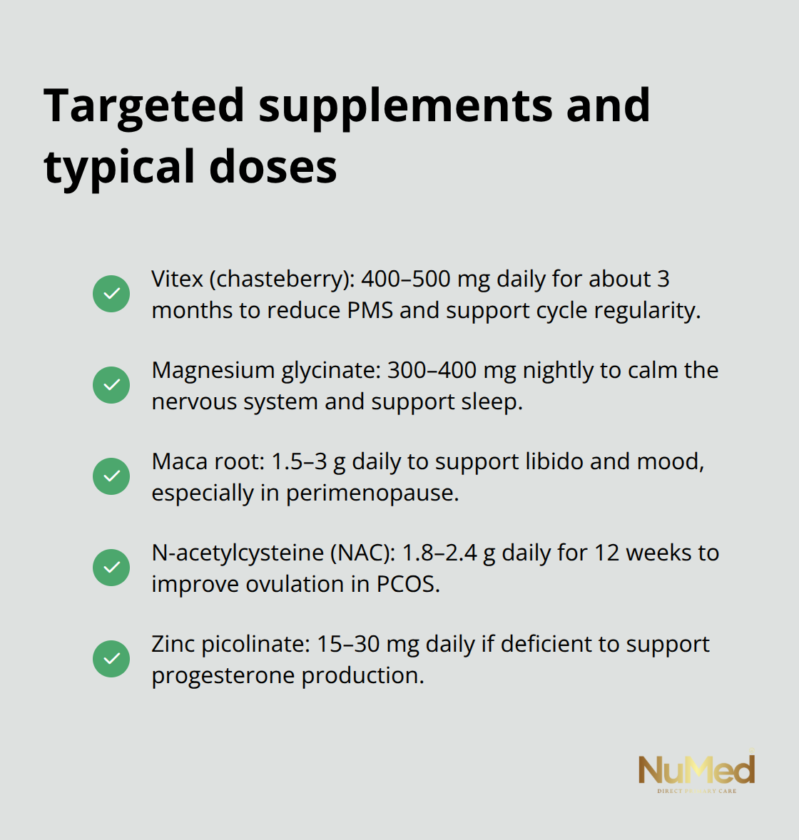 Checklist of supplements with commonly referenced doses that support women’s hormonal balance.