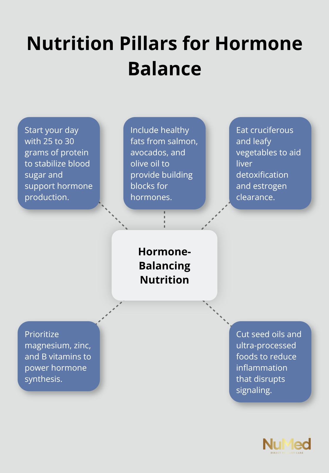 Hub-and-spoke diagram of nutrition strategies that support female hormone balance - natural remedies for balancing female hormones