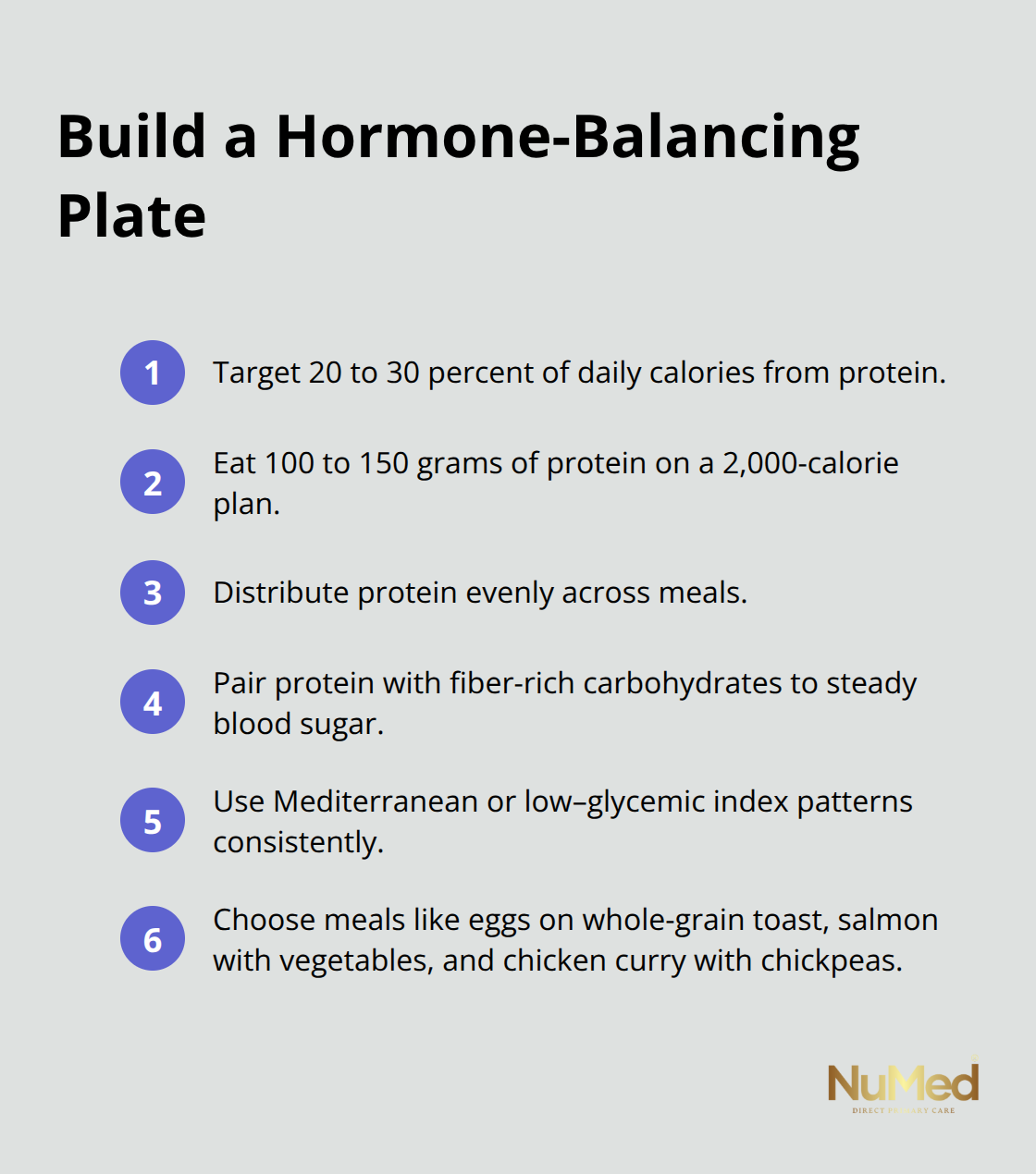 Compact list of practical eating targets to support hormone balance.