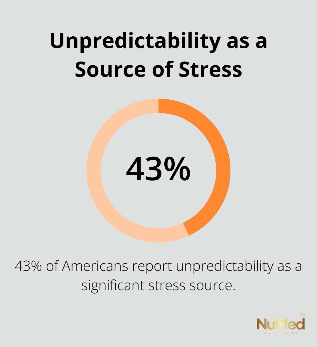Pie chart illustrating that 43% of Americans report unpredictability as a significant source of stress - transactional model of stress