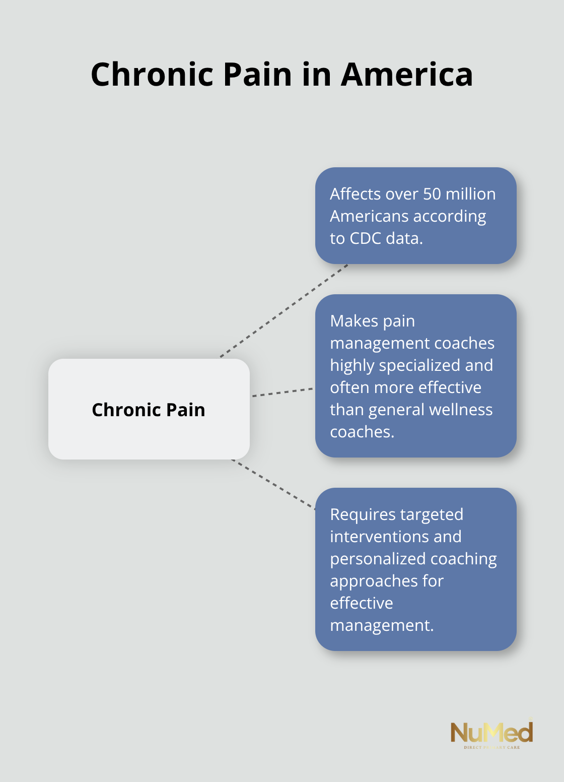 Hub and spoke chart showing chronic pain affecting over 50 million Americans and its implications - types of health coaching