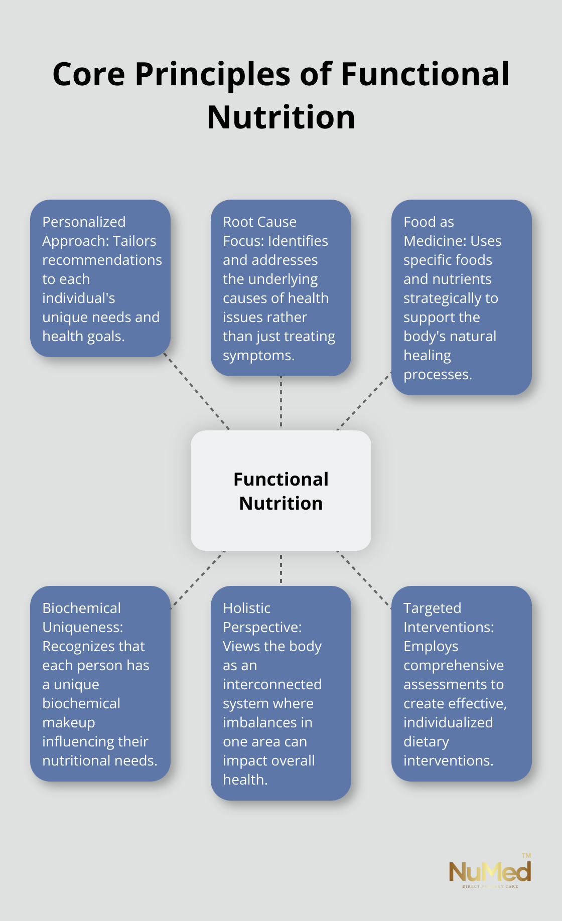 Hub and spoke chart illustrating the six core principles of functional nutrition: personalized approach, root cause focus, food as medicine, biochemical uniqueness, holistic perspective, and targeted interventions.