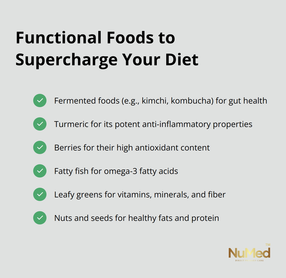 Checkmark list chart showing six functional foods to incorporate into your diet: fermented foods, turmeric, berries, fatty fish, leafy greens, and nuts and seeds. - what is functional nutrition